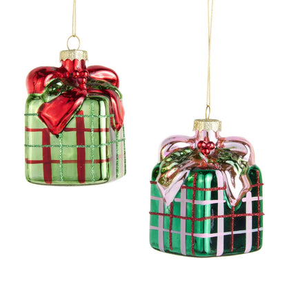 Two glass plaid gift box Christmas ornaments in light and dark green with red and pink bows