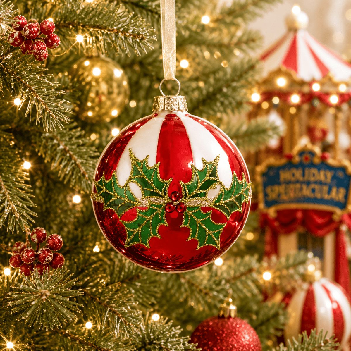 Glossy red and white striped ball ornament with green holly leaves and red berries, hanging on Christmas tree