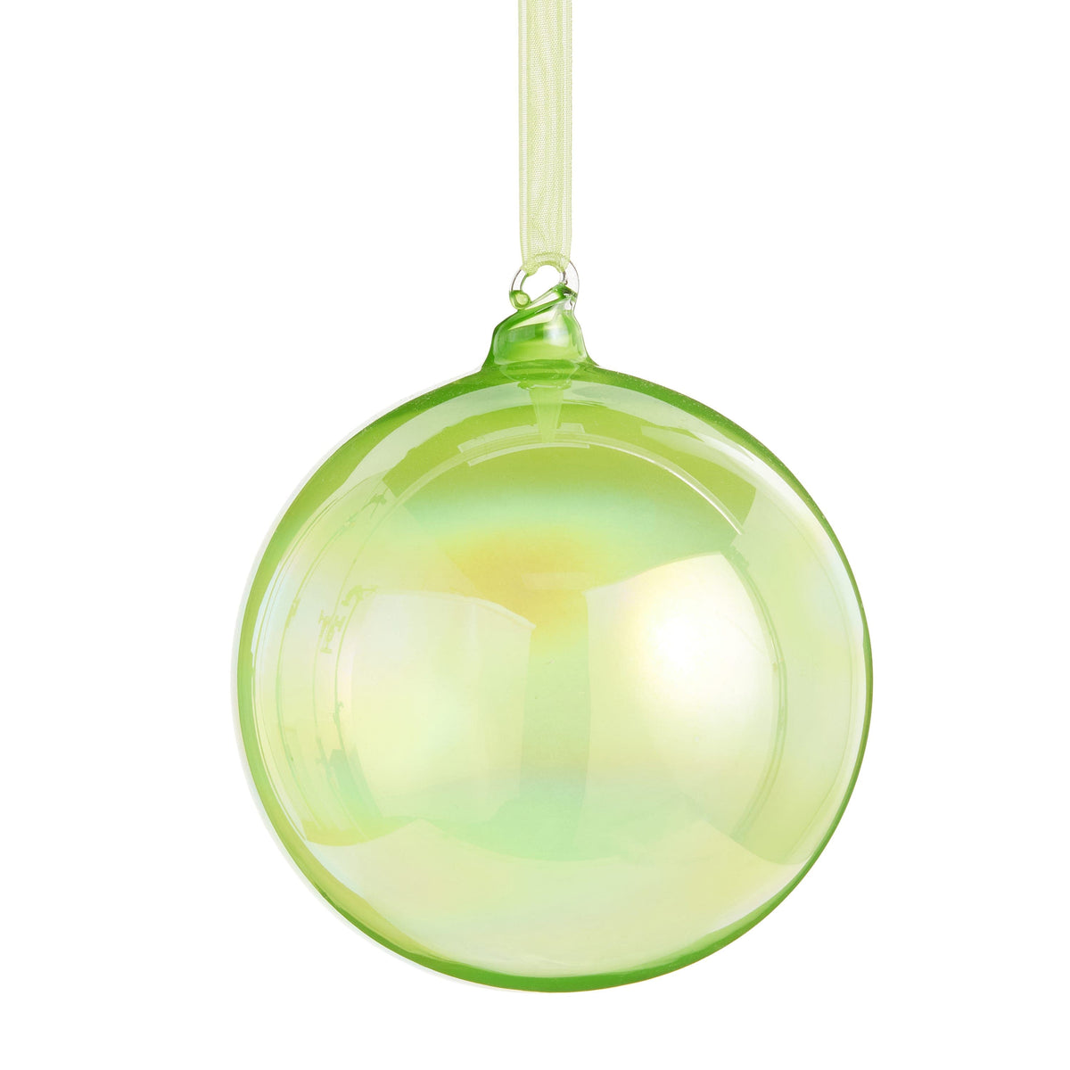 Glossy iridescent lime green glass ball ornament hanging from a sheer ribbon, front view