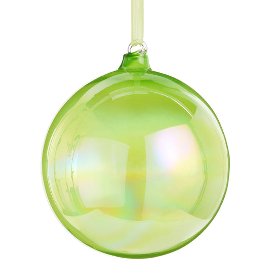 Shiny neon green iridescent glass ball ornament hanging from a ribbon, front view