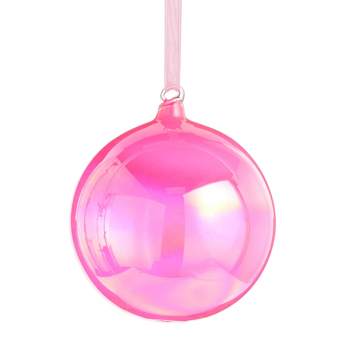 Glossy iridescent pink glass ball ornament hanging from a sheer pink ribbon, front view