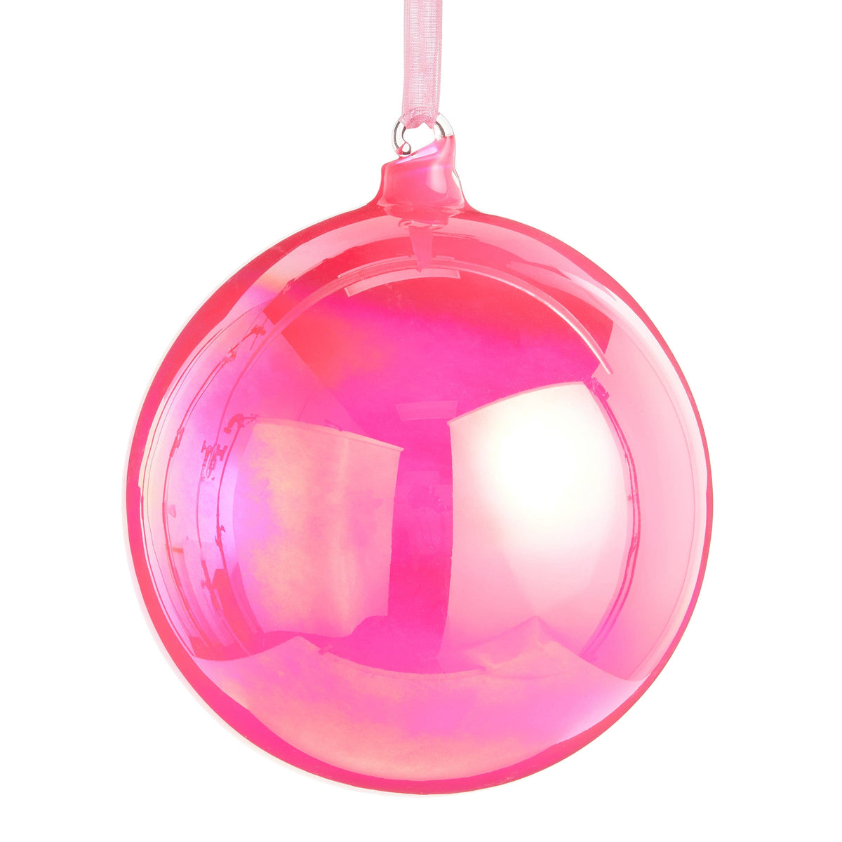 Glossy iridescent ball ornament in bright pink, hanging from a sheer ribbon, front view
