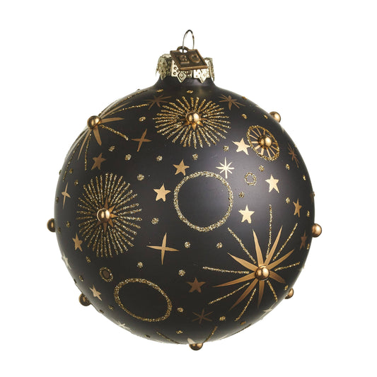 Matte black glass ball ornament with gold glitter stars, sunbursts, and raised bead accents