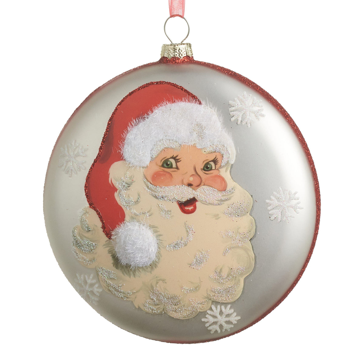 Flat disc Christmas ornament with retro Santa Claus face, glitter snowflakes, and red ribbon hanger