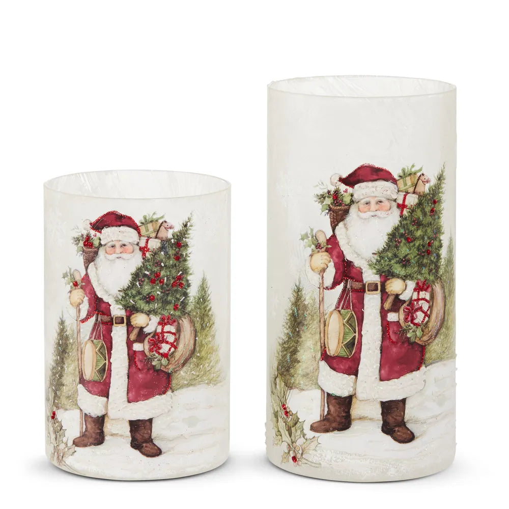 Two frosted glass Santa Claus cylinder candle holders in two sizes