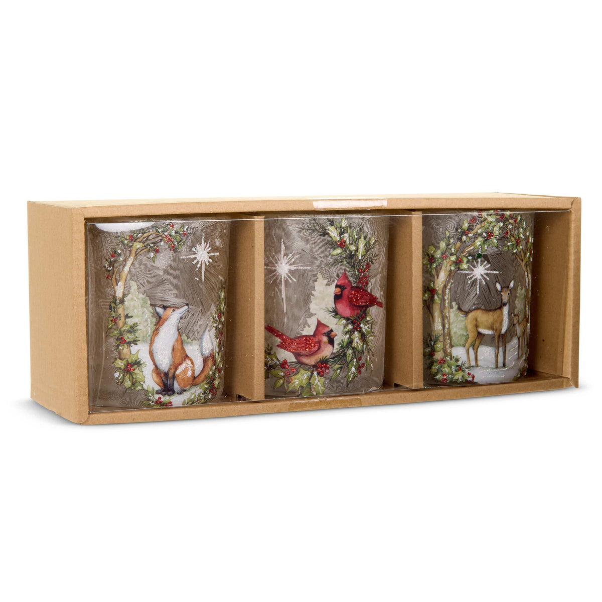 Set of three glass containers in kraft box featuring fox, cardinal birds, and deer winter woodland scenes