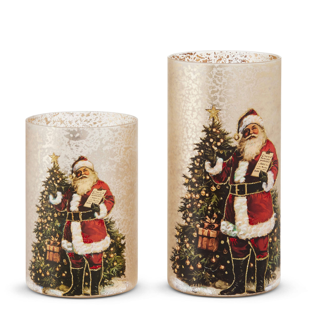 Two gold mercury glass cylinder containers with vintage Santa Claus and Christmas tree imagery, set of two sizes