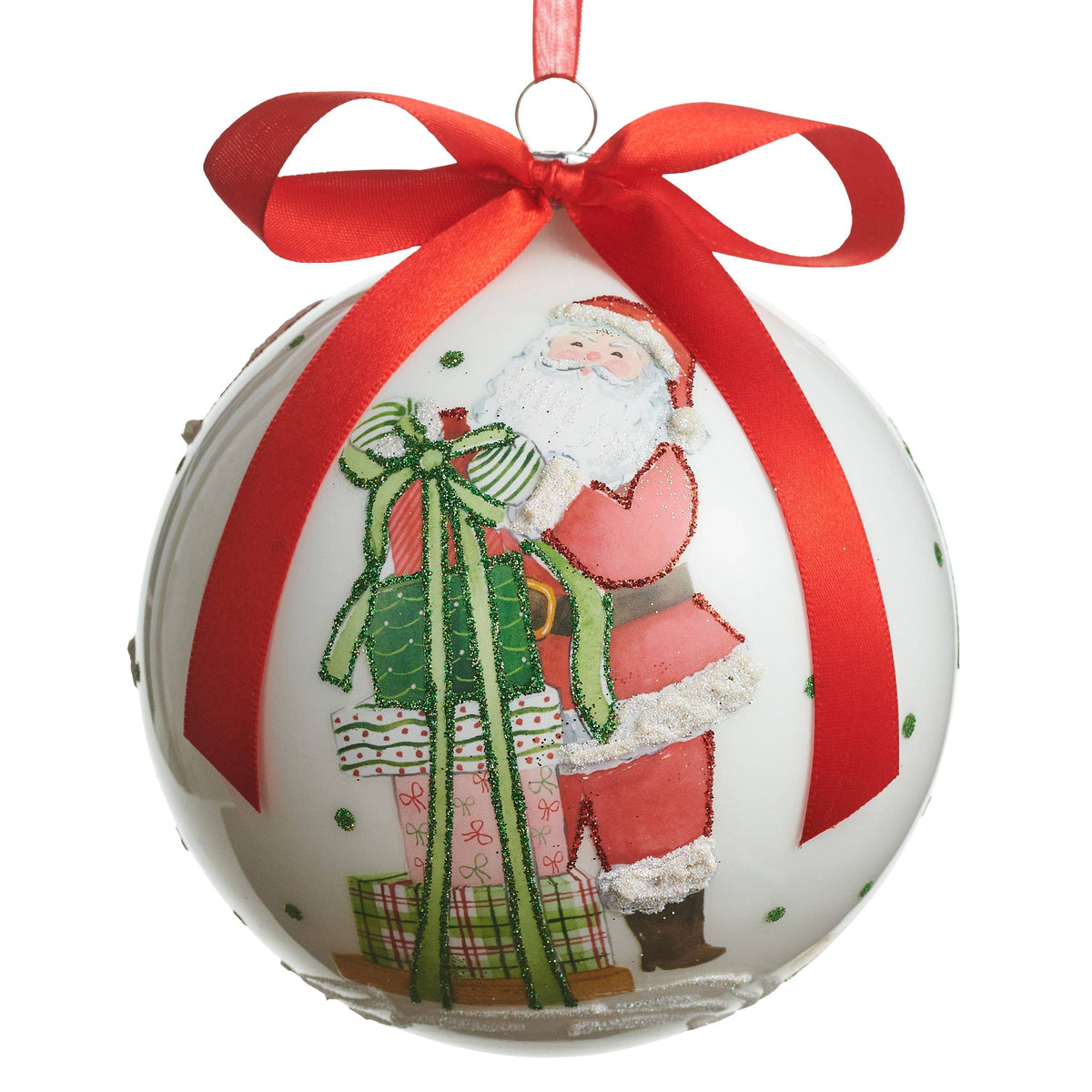 Round white ball ornament with Santa Claus holding gifts, red ribbon bow, glitter accents