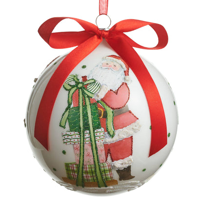 Round white ball ornament with Santa Claus holding gifts, red ribbon bow, glitter accents