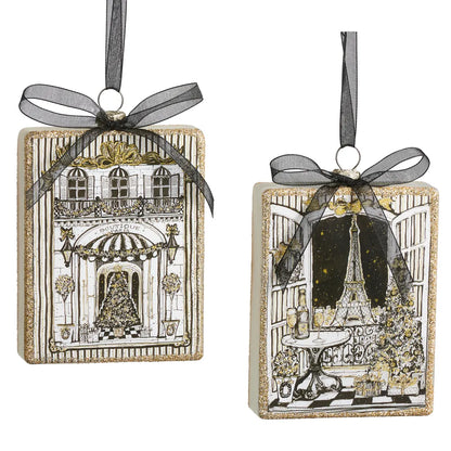 Black gold ivory rectangular Paris-themed Christmas ornaments with glitter edges and ribbon bows