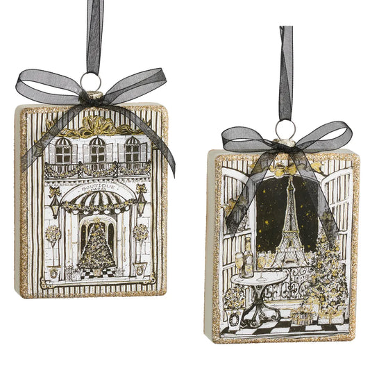 Black gold ivory rectangular Paris-themed Christmas ornaments with glitter edges and ribbon bows