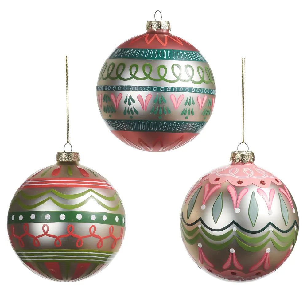 Three hand-painted glass ball ornaments with multicolor folk art stripe patterns