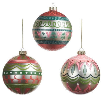 Three hand-painted glass ball ornaments with multicolor folk art stripe patterns