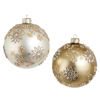 Two jewel-embellished ball ornaments in ivory and gold with floral glitter and pearl details