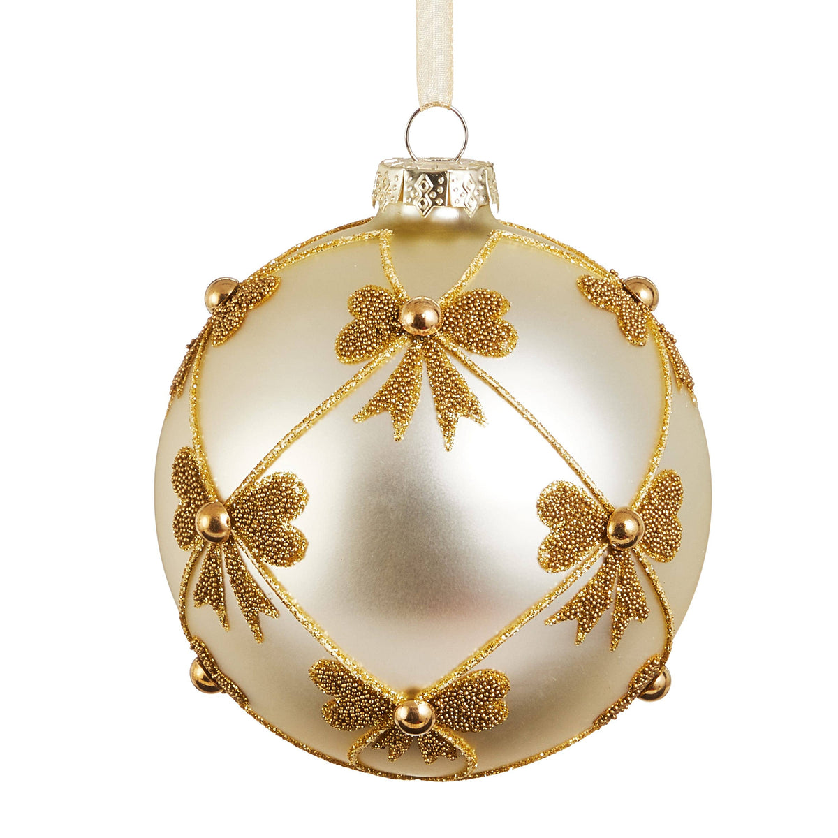 Round matte champagne glass ball ornament with gold glitter bow and lattice beaded design