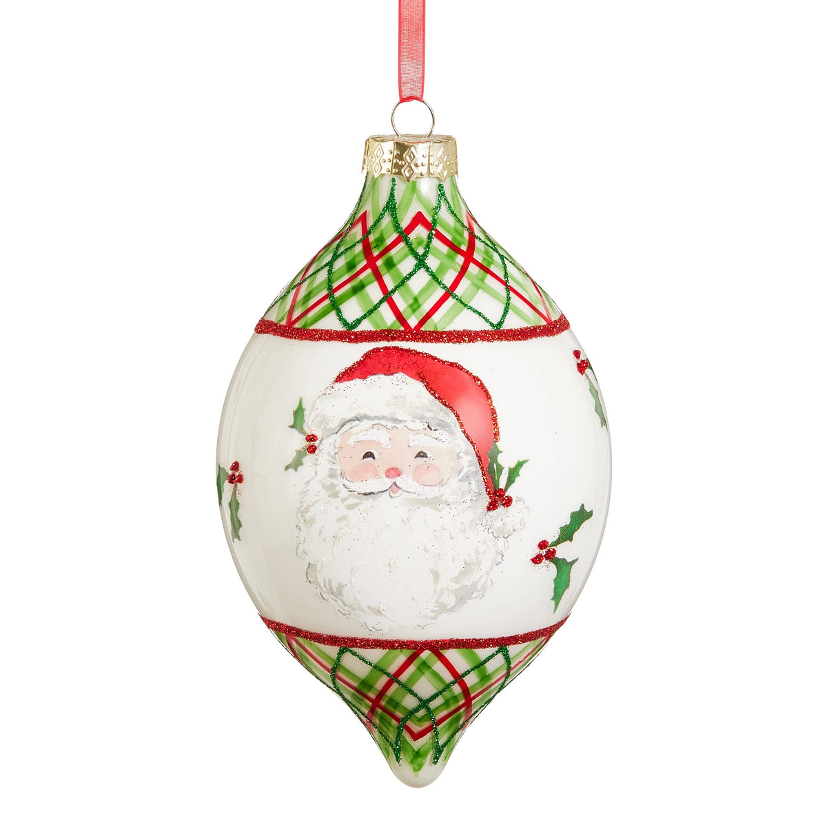 Teardrop glass Christmas ornament with Santa face, holly berries, and red-green plaid pattern