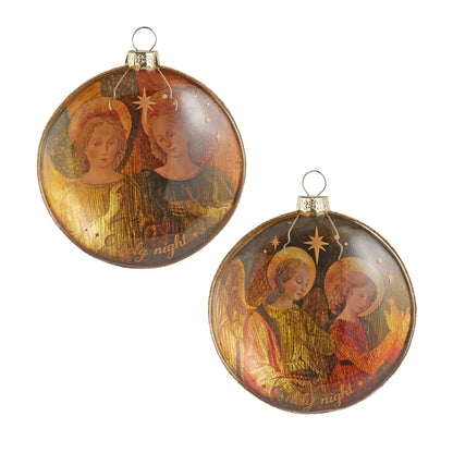 Two flat disc Christmas ornaments featuring Renaissance-style angels with gold halos and 'Holy Night' text
