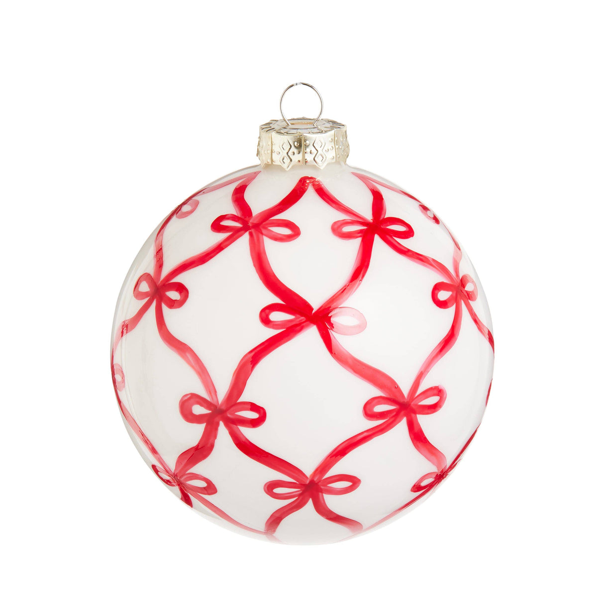 Round white glass Christmas ornament with red ribbon bow trellis pattern, silver cap and loop