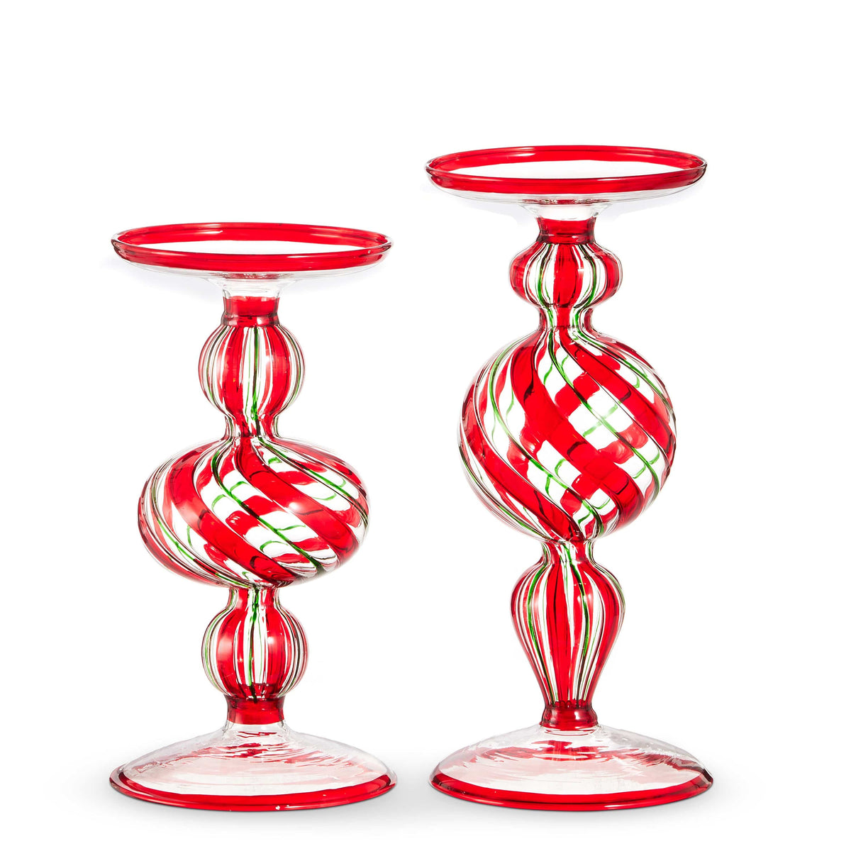 Pair of striped red and green glass pillar candle holders in two sizes, studio view