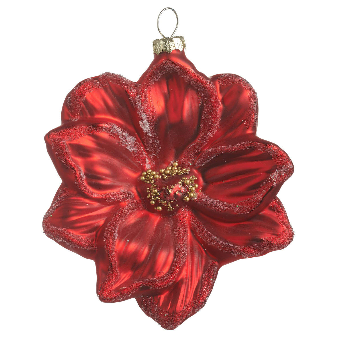 Glass amaryllis flower ornament in deep red with gold beaded center and hanging loop