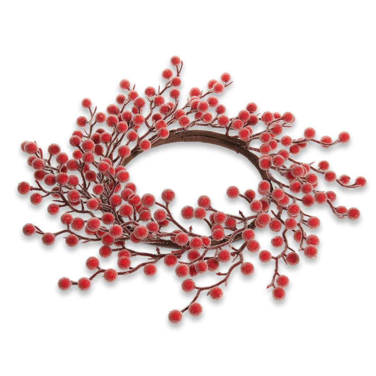 Circular candle ring wreath with frosted red berries on branching stems, top-angle view