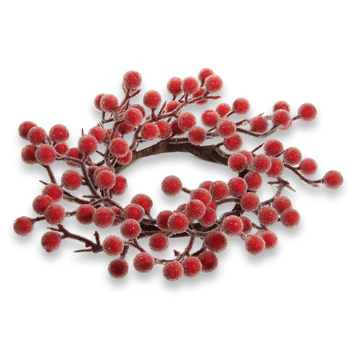 Circular candle ring with frosted red berries on dark branching stems, top-angle view