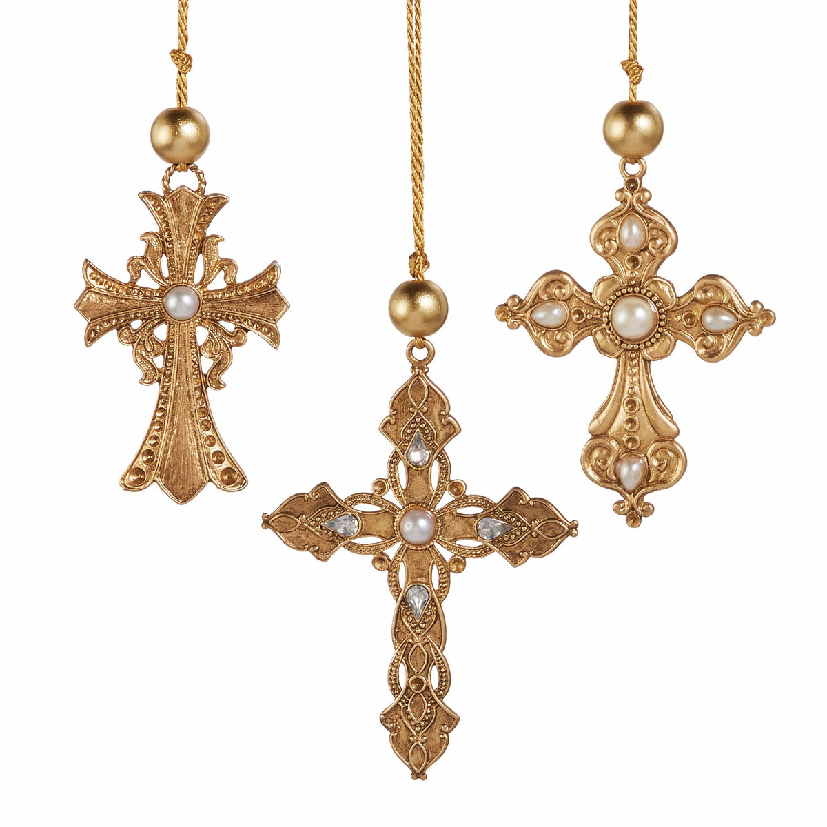 Set of three ornate gold cross ornaments with pearl embellishments hanging from gold cord