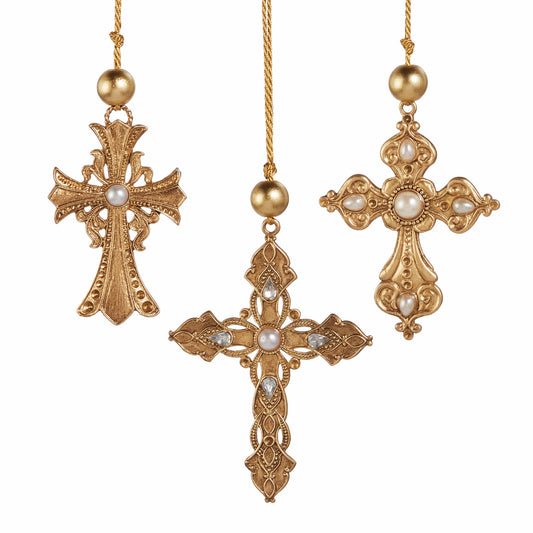 Set of three ornate gold cross ornaments with pearl embellishments hanging from gold cord