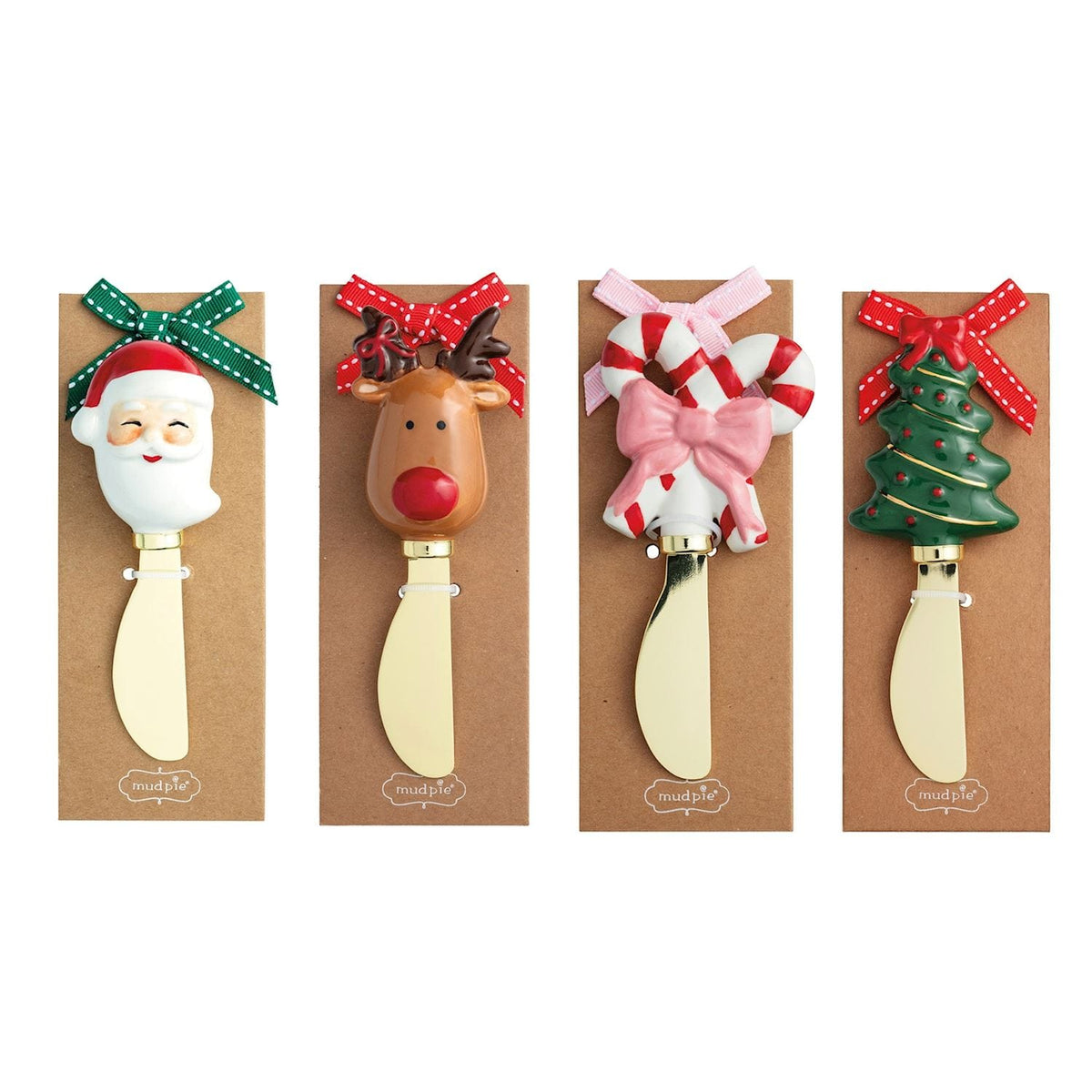 Mud Pie Christmas cheese spreaders featuring Santa, reindeer, candy cane, and tree handles
