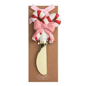 Mudpie gold cheese spreader with candy cane and pink bow handle decoration