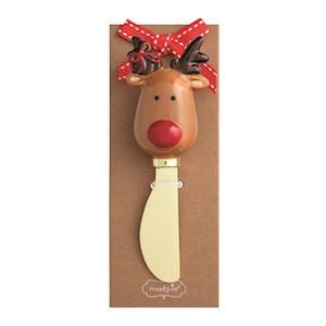 Mudpie Rudolf reindeer cheese spreader with gold blade on kraft card