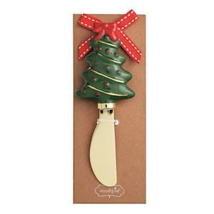Mudpie Christmas tree cheese spreader with red bow on kraft card backing