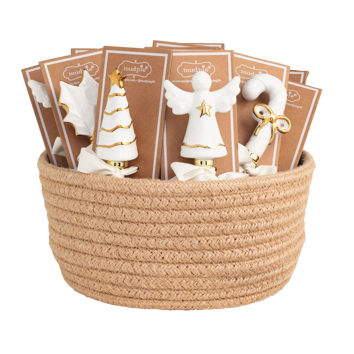 Mud Pie white and gold ceramic Christmas spreaders in a woven rope basket