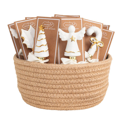 Mud Pie white and gold ceramic Christmas spreaders in a woven rope basket