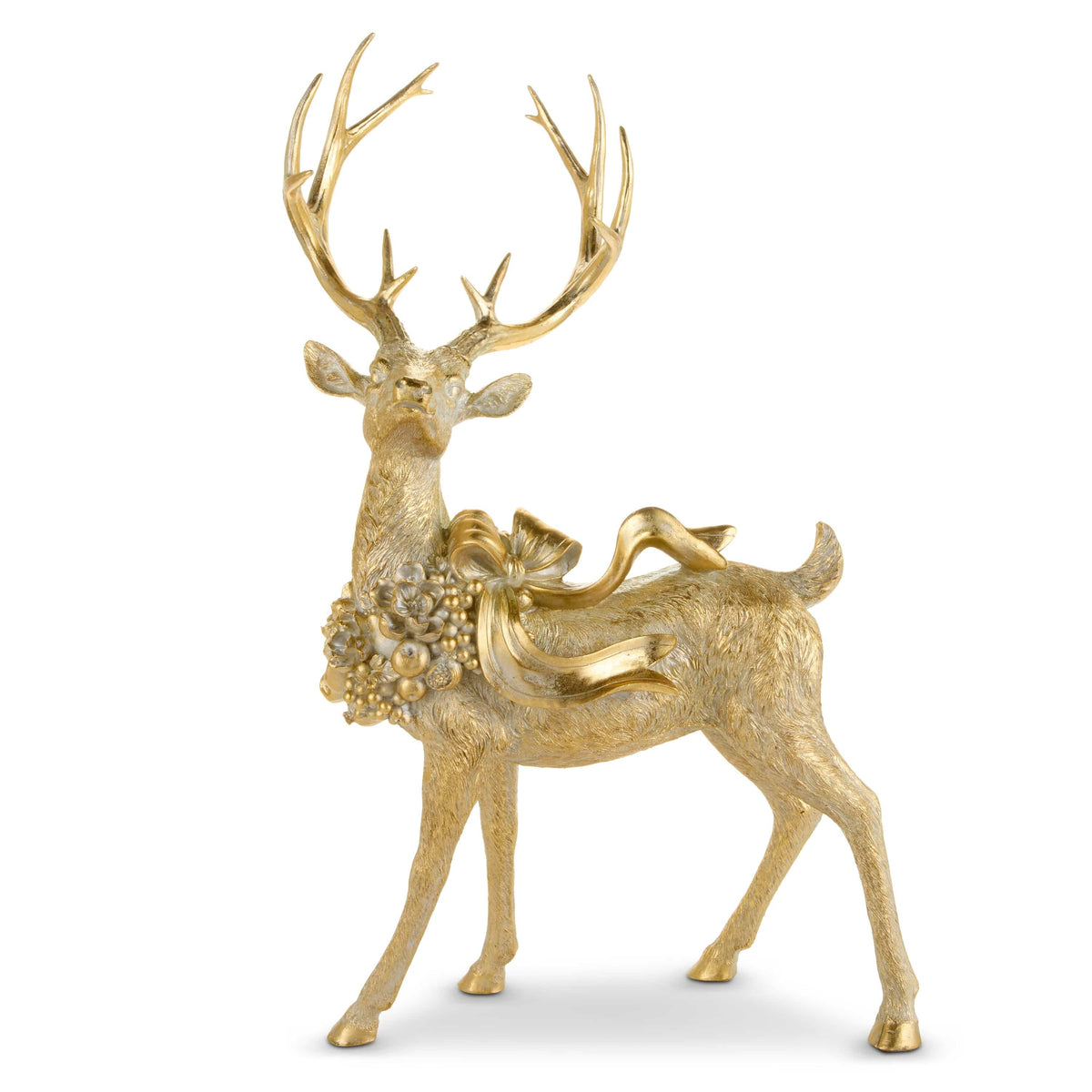 Gold standing deer figurine with large antlers and decorative floral bow accent, side view