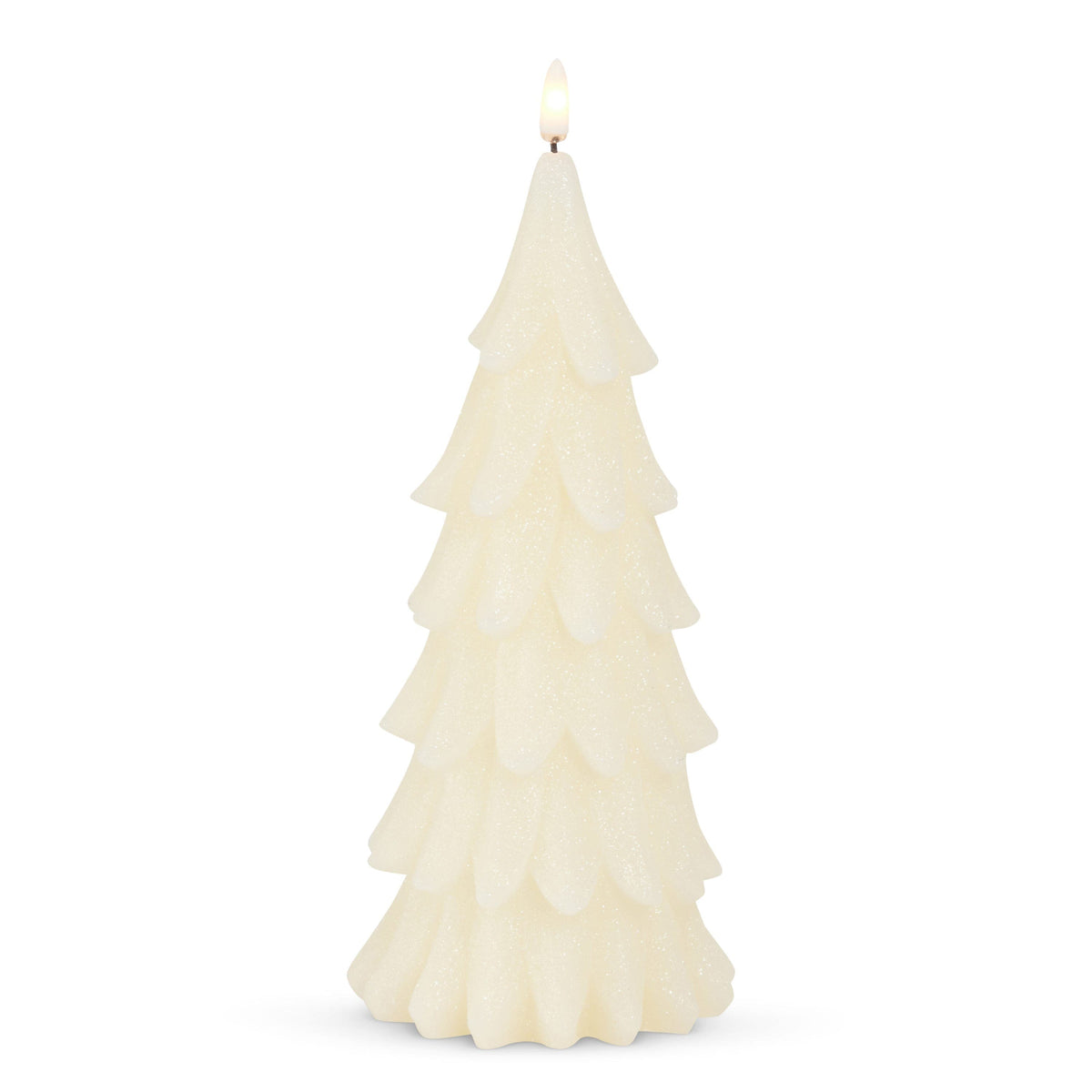 Ivory wax Christmas tree-shaped candle with glitter finish and lit flame at top