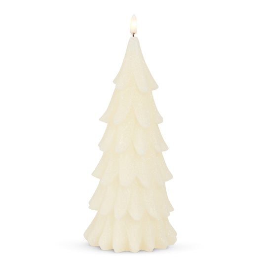 Ivory wax Christmas tree-shaped candle with glitter finish and lit flame at top