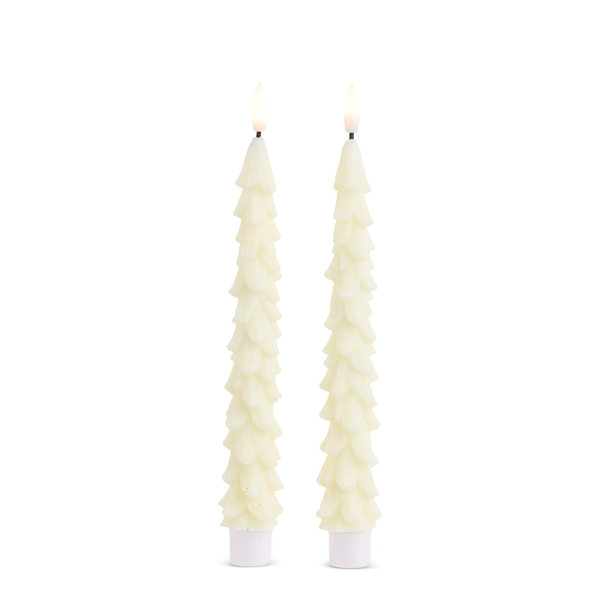 Pair of ivory tree-shaped taper candles with tiered branches and lit flames, front view