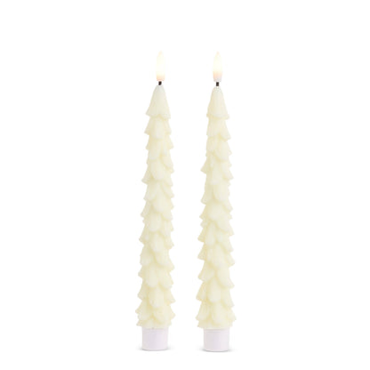 Pair of ivory tree-shaped taper candles with tiered branches and lit flames, front view
