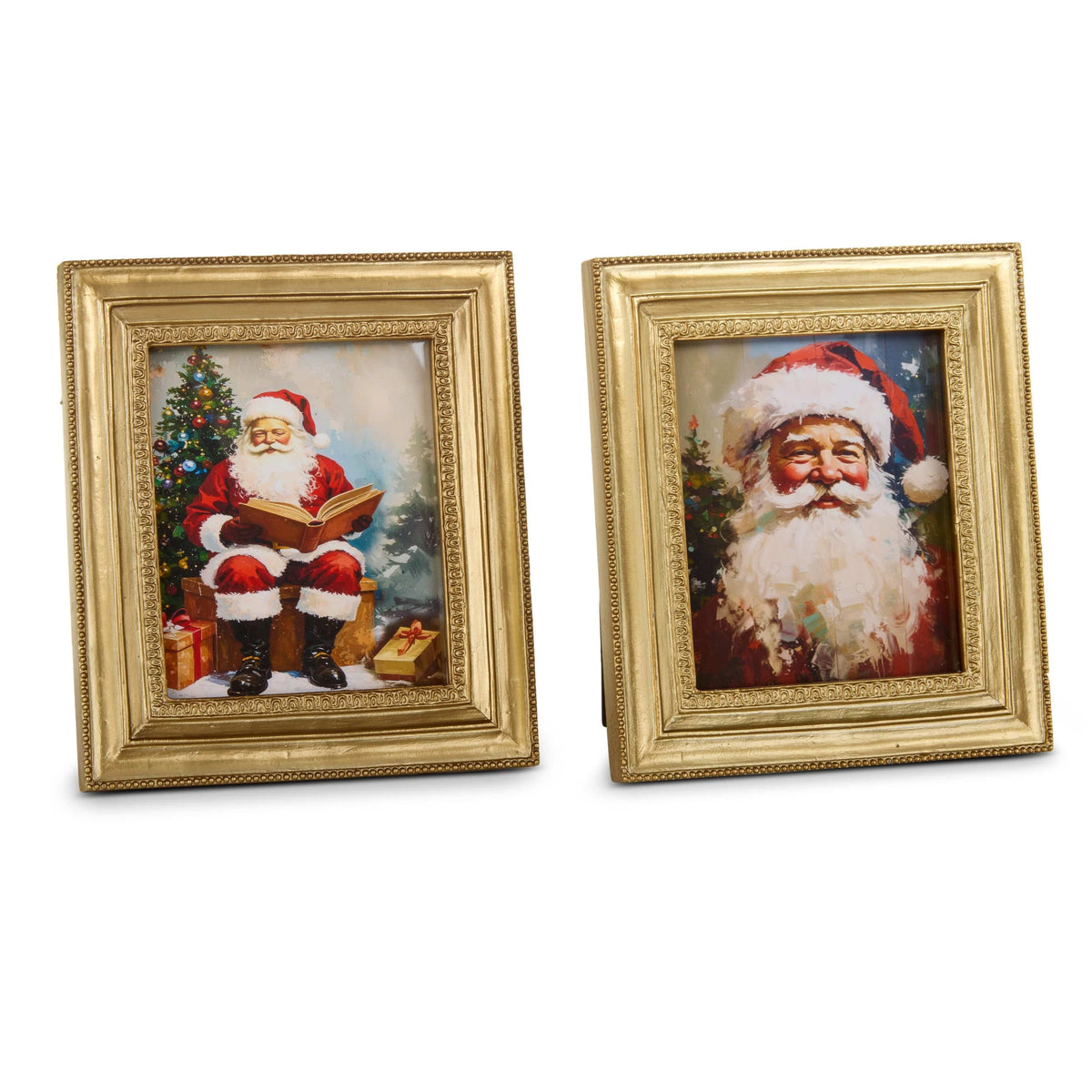 Set of two gold ornate framed mini Santa Claus portrait artworks on white background