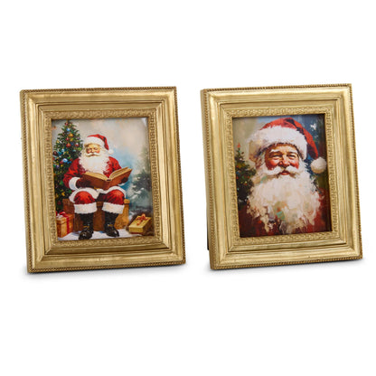 Set of two gold ornate framed mini Santa Claus portrait artworks on white background