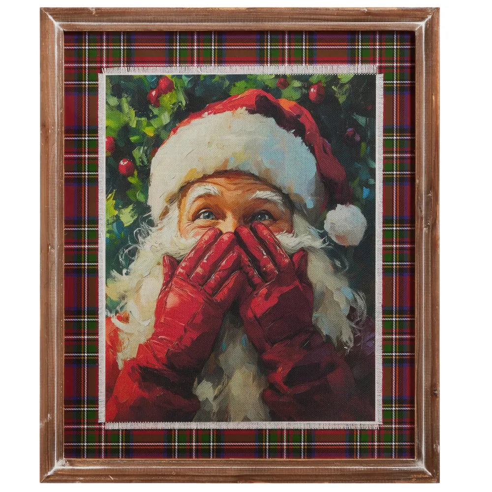 Framed Santa Claus wall art with red plaid border and rustic wood frame
