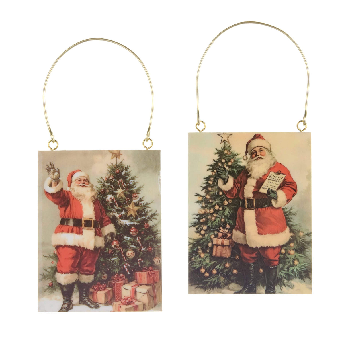 Two rectangular vintage Santa Claus ornaments with gold wire hangers, featuring Christmas tree scenes
