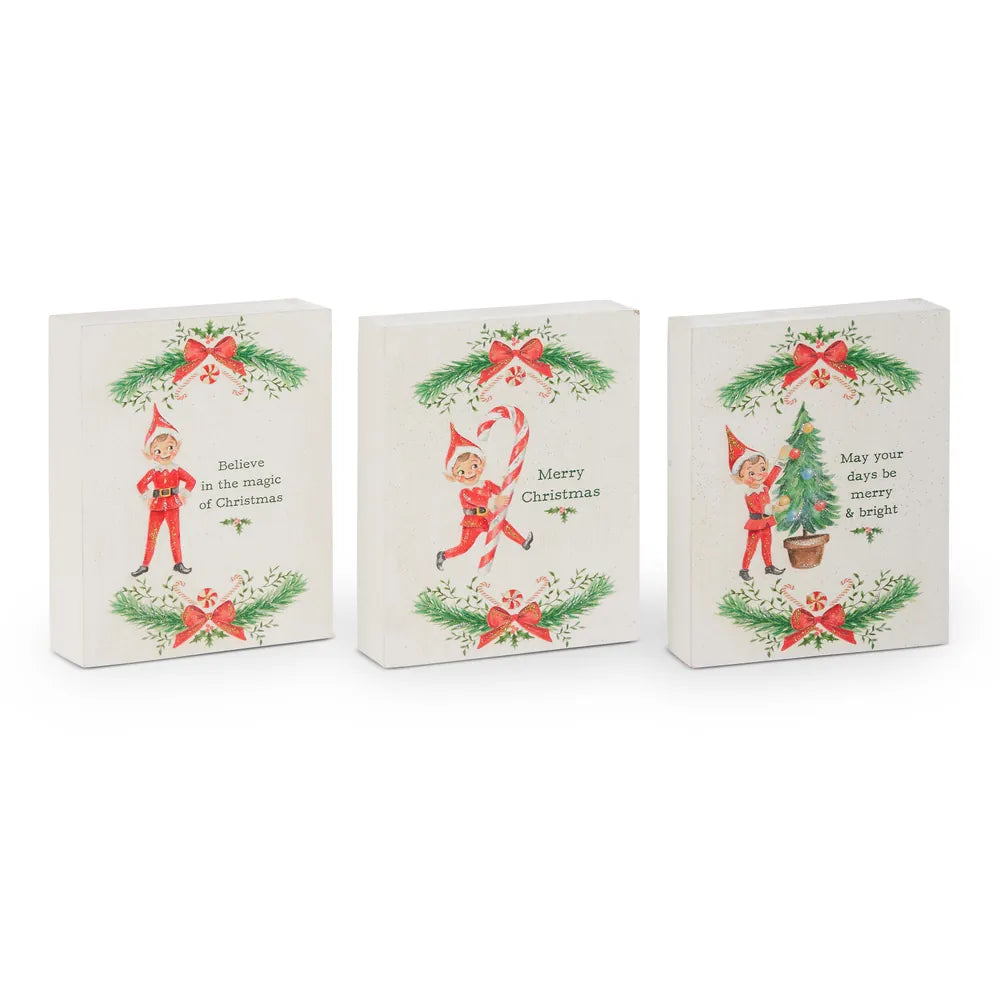 Set of three vintage-style Christmas elf wall art blocks with holiday sayings