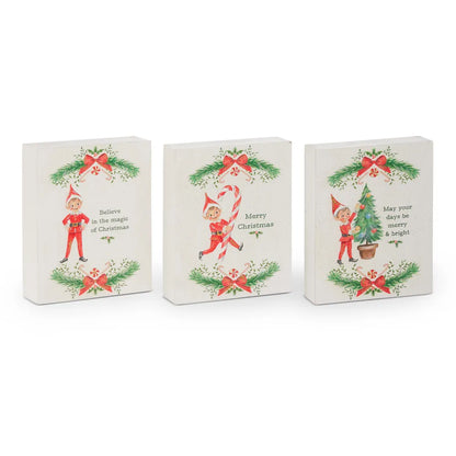 Set of three vintage-style Christmas elf wall art blocks with holiday sayings