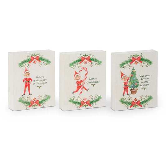 Set of three vintage-style Christmas elf wall art blocks with holiday sayings