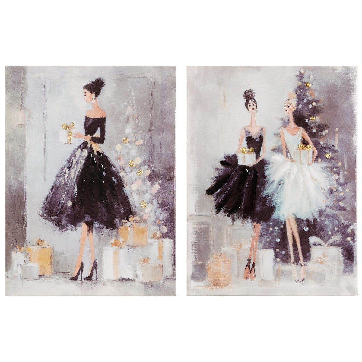 Two canvas wall art panels featuring elegant women in black and white tulle gowns with Christmas gifts
