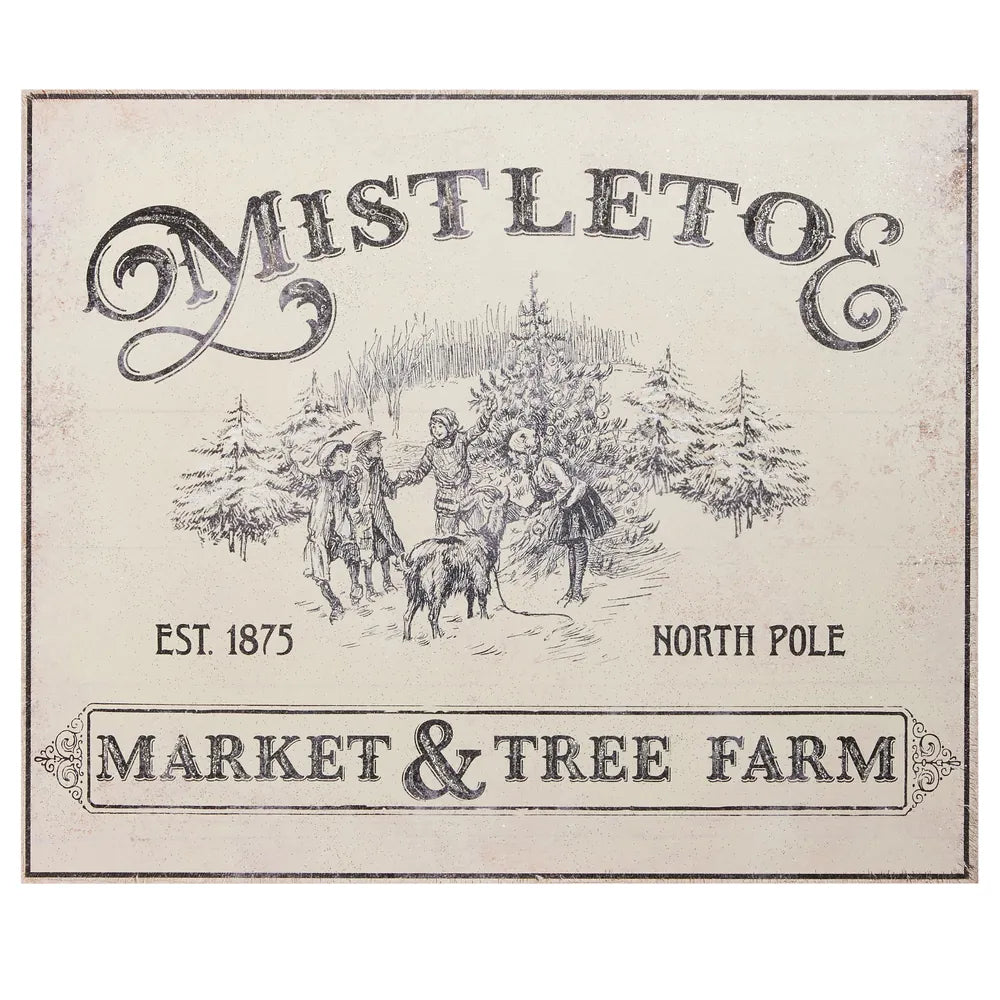 Vintage cream wall sign reading Mistletoe Market Tree Farm Est 1875 North Pole