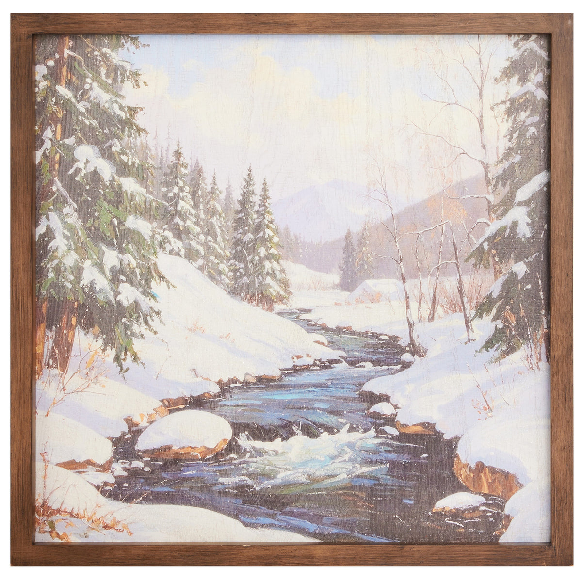 Framed wall art depicting a snow-covered forest with a flowing river, wood frame, front view