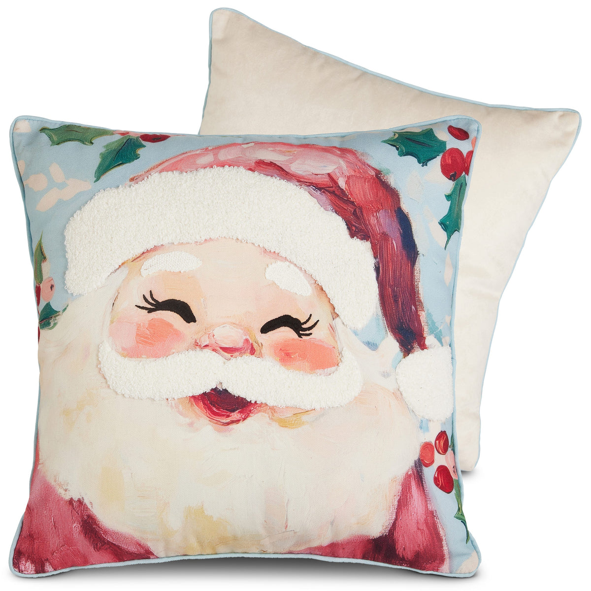 Square decorative pillow featuring a painted vintage Santa Claus face with textured white beard and holly accents